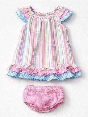 Bonnie Baby pastel multi color striped Searsucker and bloomer set with ruffles
